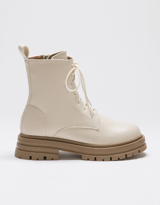 Bold & Cool | Chunky Round-Toe Lace-Up Boots (Beige)