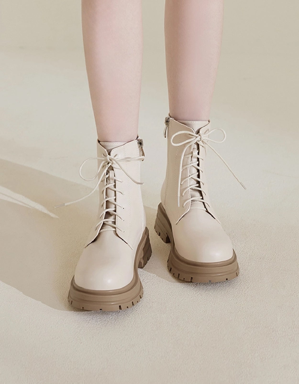 Bold & Cool | Chunky Round-Toe Lace-Up Boots (Beige)