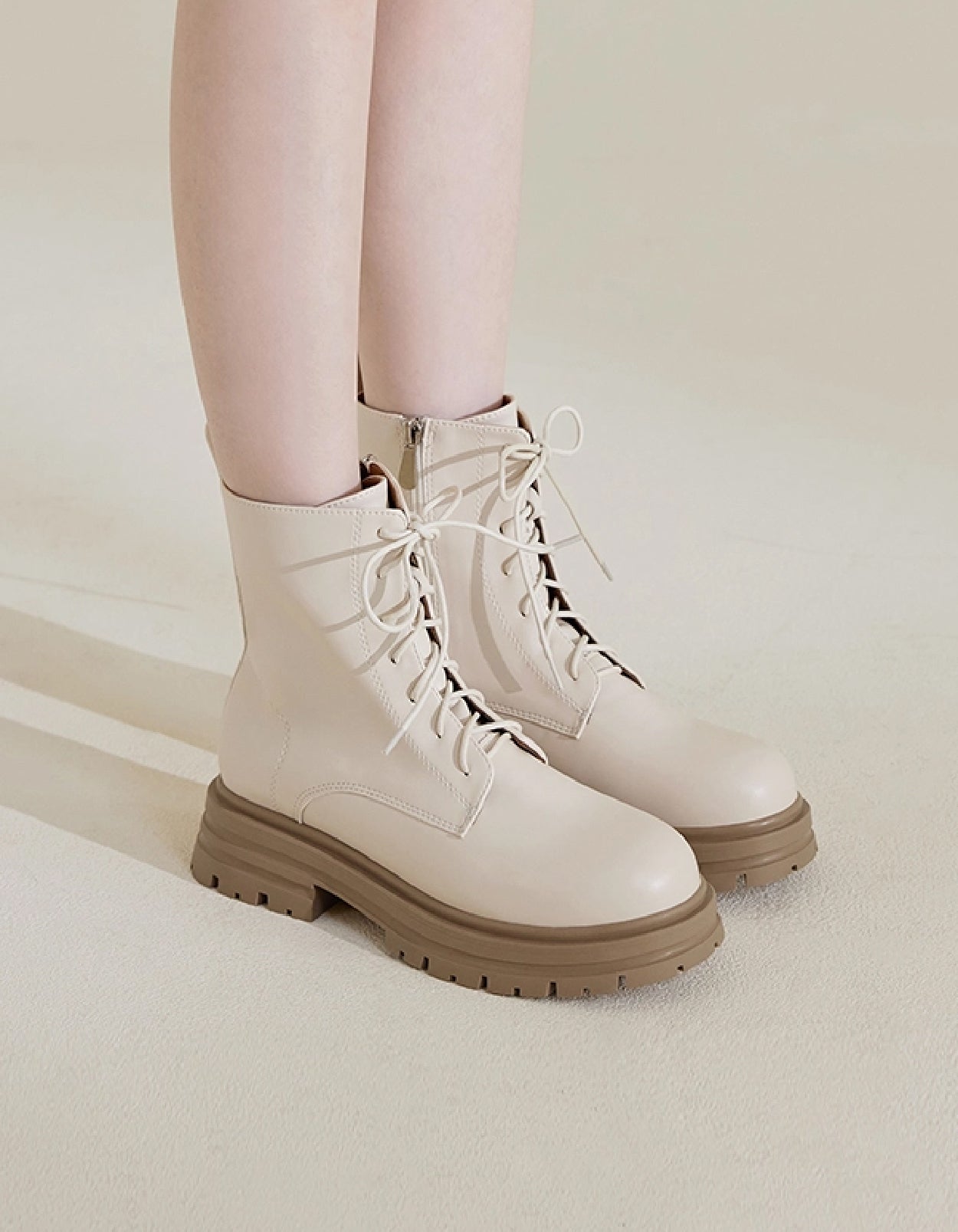 Bold & Cool | Chunky Round-Toe Lace-Up Boots (Beige)