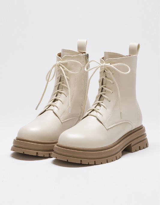 Bold & Cool | Chunky Round-Toe Lace-Up Boots (Beige)